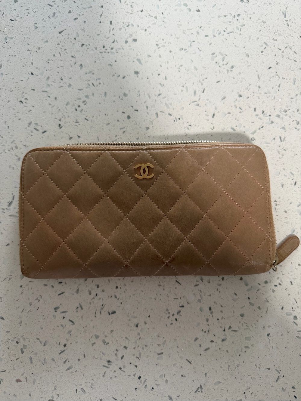 CHANEL Quilted Zip Wallet in Taupe Brown with Gold CC